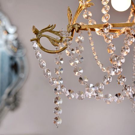 Vintage Italian Style Brass Enameled Chandelier with Clear Garland Strands - 3 cm Drops
